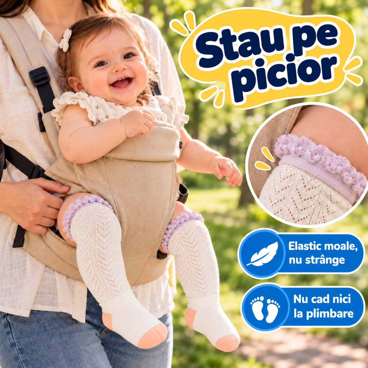 Șosete pentru bebeluși care stau pe picior, cu elastic moale care nu strânge