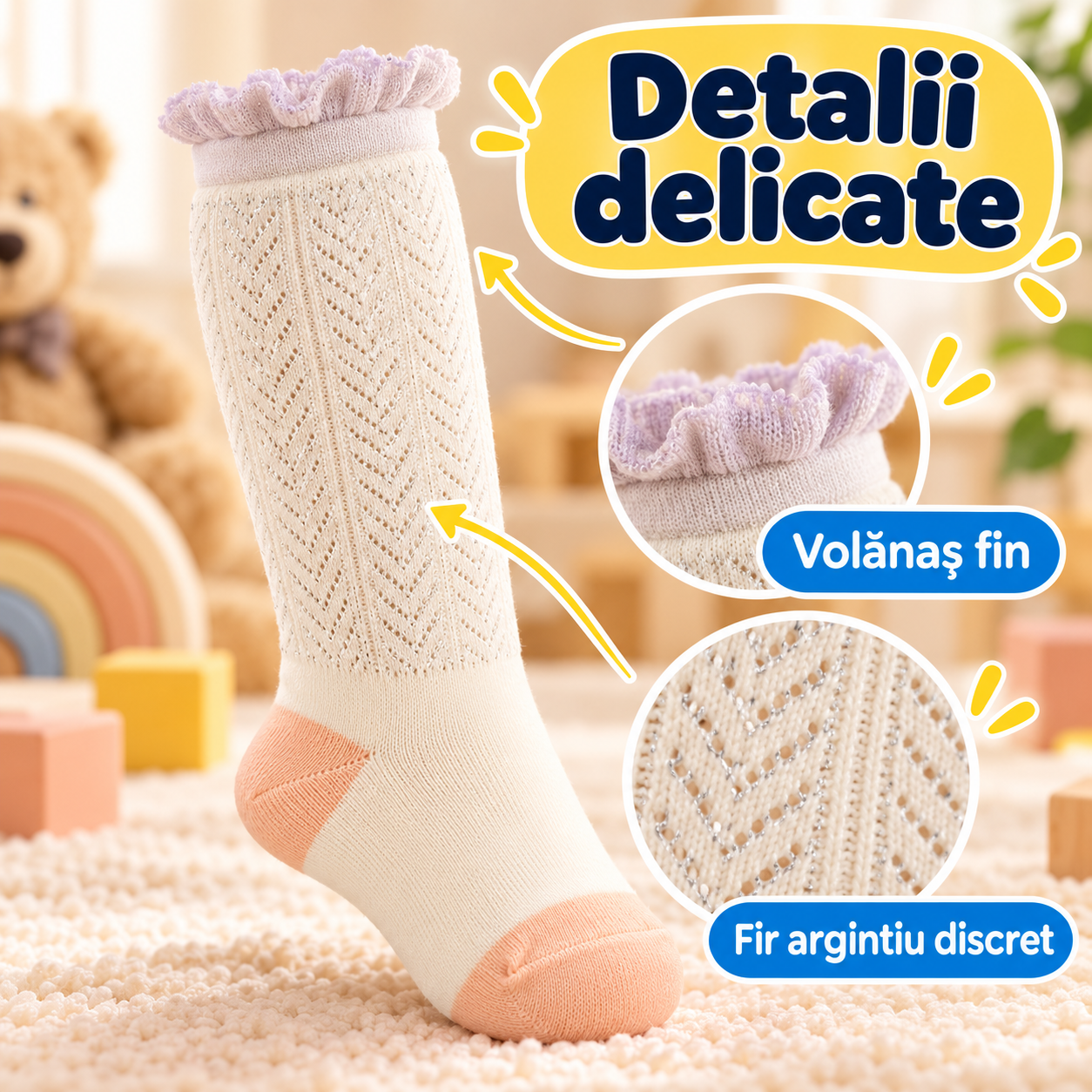 Detalii delicate: volănaș fin mov deschis și fir argintiu discret