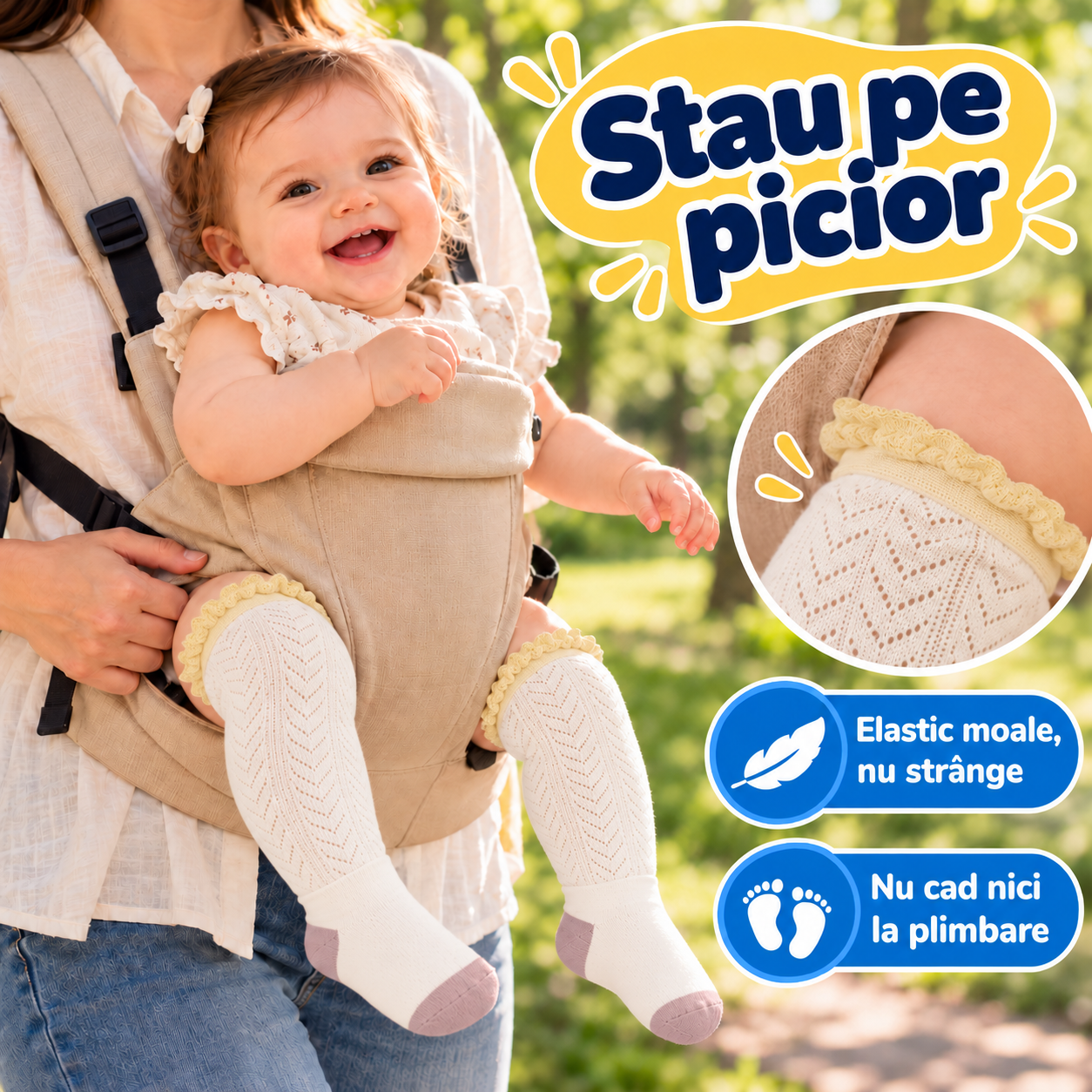 Șosete pentru bebeluși care stau pe picior, cu elastic moale care nu strânge