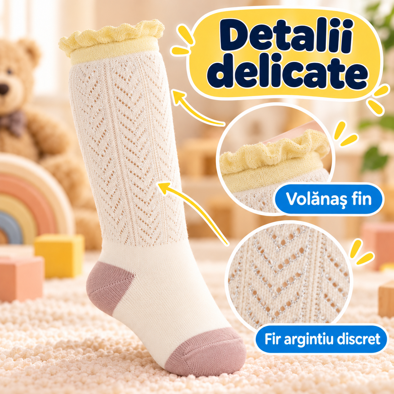 Detalii delicate: volănaș fin galben pal și fir argintiu discret