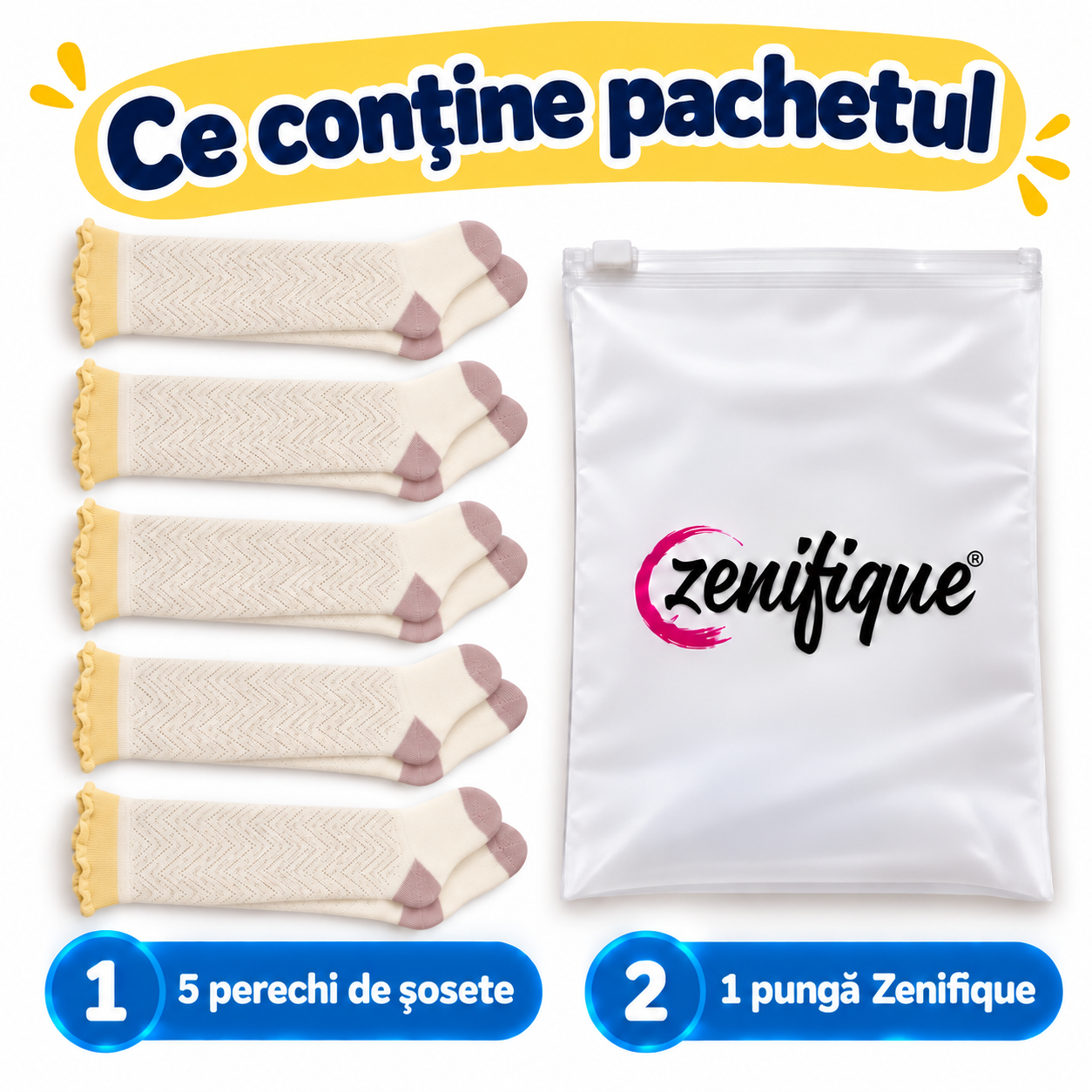 Conținut pachet: 5 perechi de șosete și pungă Zenifique