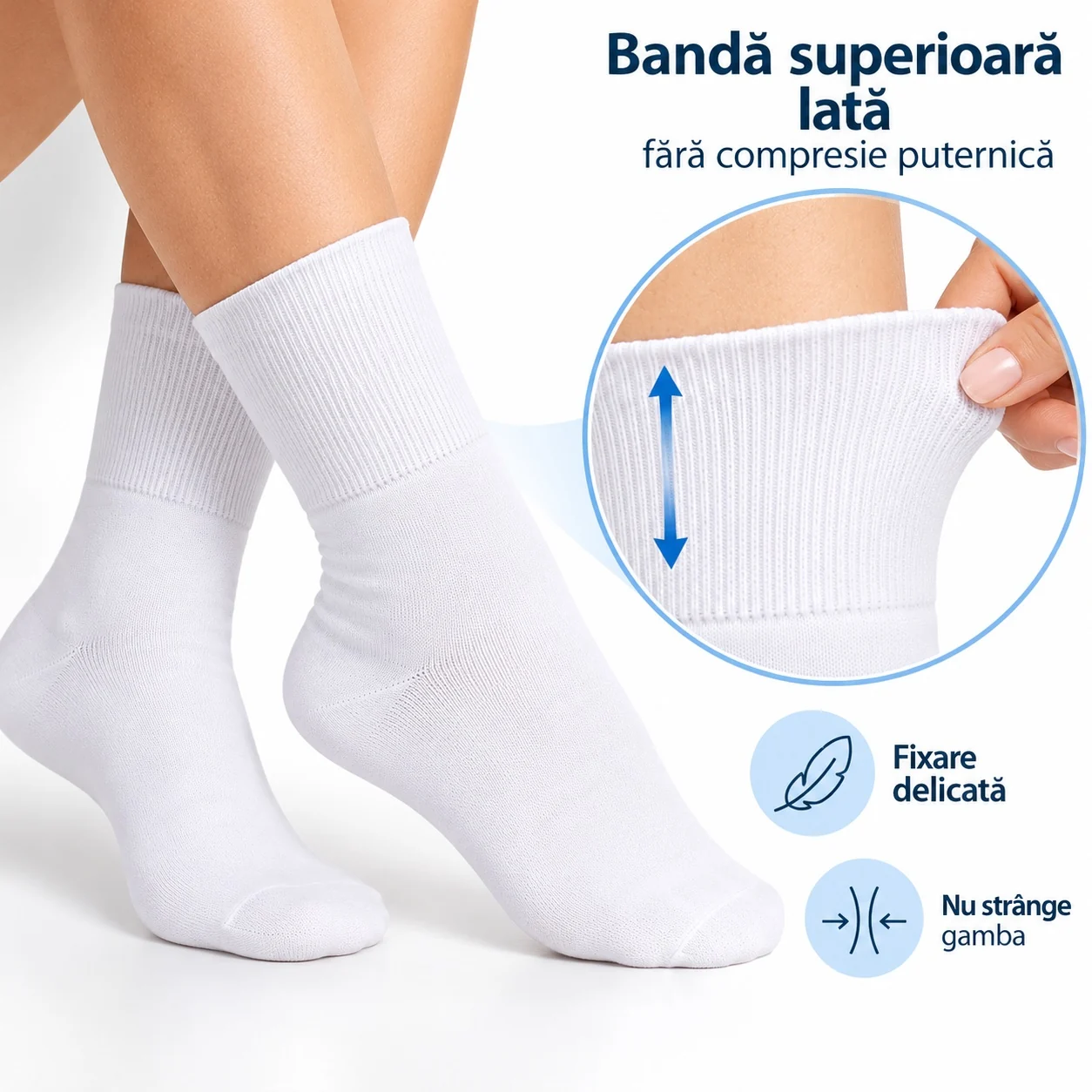 Bandă superioară lată, fără compresie, care nu strânge gamba