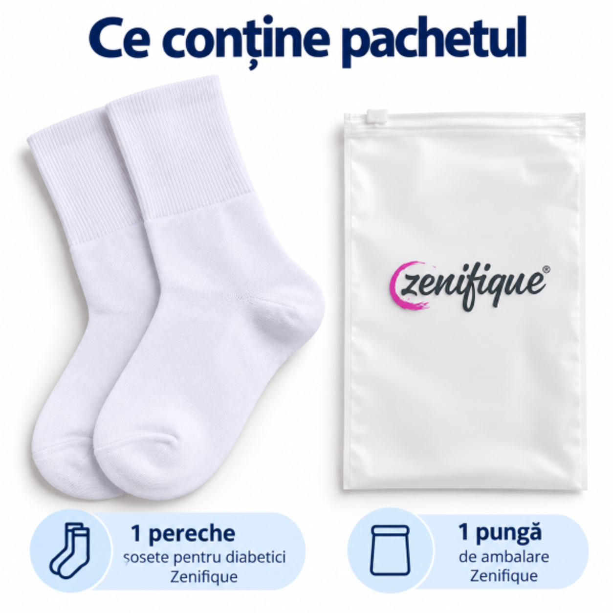 Conținut pachet: 1 pereche de șosete pentru diabetici și pungă Zenifique