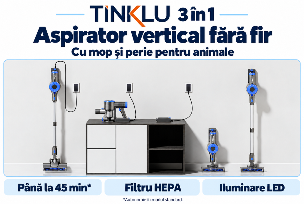 Aspirator vertical fără fir Tinklu 3 &icirc;n 1, cu mop și perie pentru animale; p&acirc;nă la 45 de minute &icirc;n modul standard, filtru HEPA și iluminare LED.