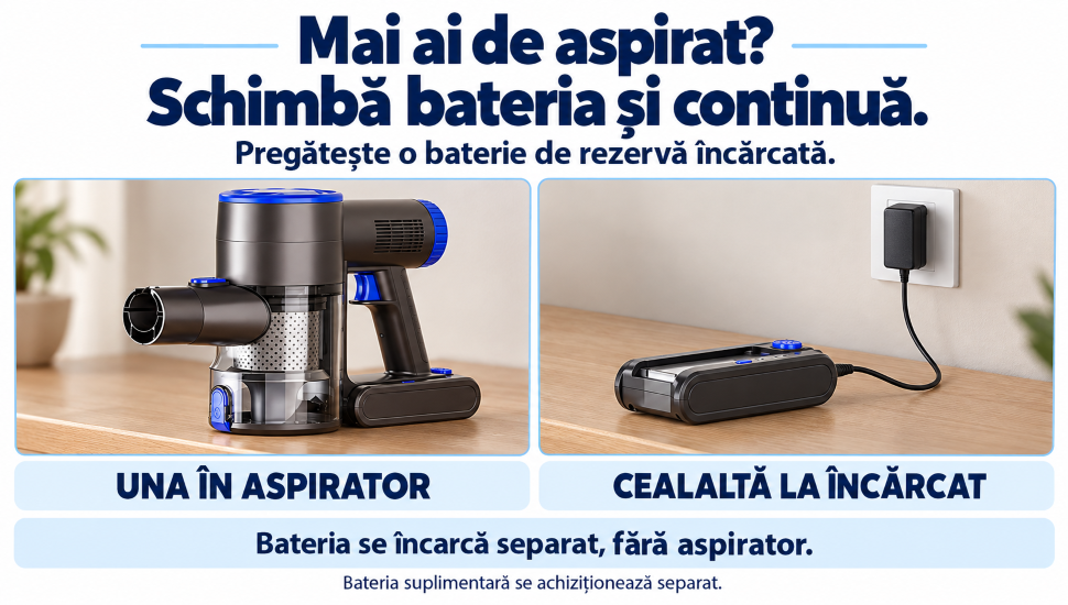Baterie suplimentară opțională: folosești una &icirc;n aspirator, iar cealaltă se poate &icirc;ncărca separat. Rezerva se cumpără separat și se pregătește &icirc;ncărcată.