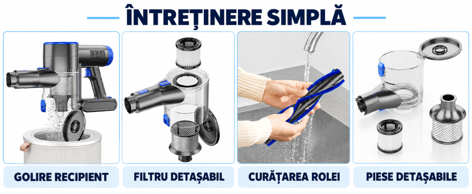 &Icirc;ntreținere Tinklu: golirea recipientului, filtru detașabil, curățarea rolei și piese detașabile.