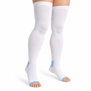 Ciorapi compresivi anti-embolism, până la coapsă, Zenifique, 20-30 mmHg, vârf deschis, bandă silicon antialunecare, albi, unisex, mărimi S - XXL