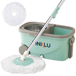 Mop rotativ cu găleată, Set curățenie cu 2 rezerve microfibră, Coadă telescopică, Mop rotativ 360°, Centrifugă inox, Mâner și roți pentru transport, Tinklu, Verde