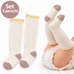 Șosete lungi pentru bebeluși Zenifique, set 5 perechi, peste genunchi, material respirabil, 0–1 an, galben/mov