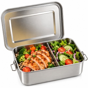 Caserolă din Inox 304, Tinklu, 1400 ml, cu Capac și Cleme, Garnitură din Silicon Detașabilă, Separator Reglabil, 20 × 12,5 × 6 cm