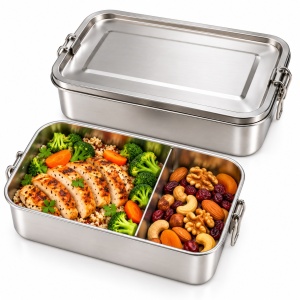 Caserolă din Inox 304 Tinklu, 2400 ml, cu Capac și Cleme, Garnitură din Silicon Detașabilă, Separator Reglabil, 22 × 15 × 7,5 cm