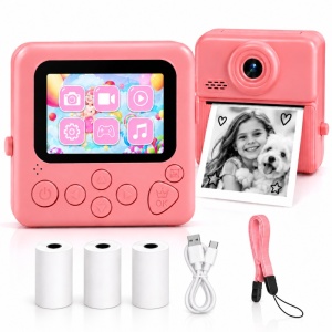 Aparat Foto Instant pentru Copii Twinkle Twins, Imprimare Termică, Video Full HD 1080p, Ecran 2 inch, Jocuri, Muzică, 3 Role Incluse, Roz