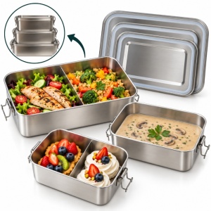 Set 3 Caserole din Inox 304 Tinklu, 2400 ml, 1400 ml și 850 ml, cu Capace și Cleme, Garnituri din Silicon Detașabile, Separatoare Reglabile