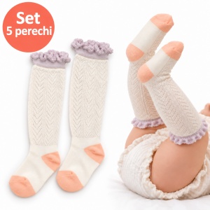 Șosete lungi pentru bebeluși Zenifique, set 5 perechi, peste genunchi, material respirabil, 0–1 an, lila/corai