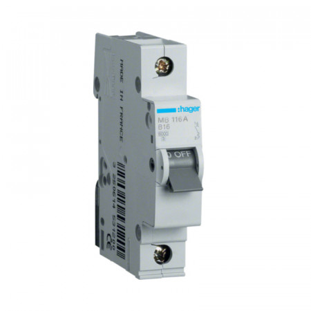 Siguranta automata 1P, 16A, 6 kA, Curba B, Hager, MB116A