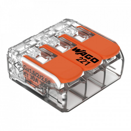 Conector COMPACT; pentru toate tipurile de conductori; max. 6 mm²; 3 conductori; cu leviere; carcasă transparentă; Temperatură aer ambiant: max 85°C (T85); 6,00 mm²; transparent