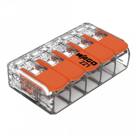 Conector COMPACT; pentru toate tipurile de conductori; max. 6 mm²; 5 conductori; cu leviere; carcasă transparentă; Temperatură aer ambiant: max 85°C (T85); 6,00 mm²; transparent