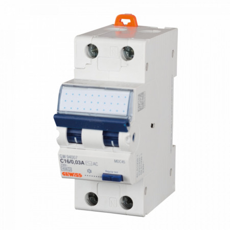 Intrerupator diferential RCBO, 1P+N, 16A, curba C, 30mA, tip AC, Gewiss