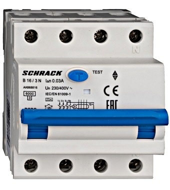 Intrerupator diferential 16A 3P+N 30mA RCBO Schrack