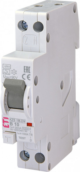RCBO KZS-1M-DN cu protectie la supratensiune, tip A, B 10 A, 30 mA, 6 kA, 1 modul