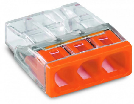 Conector COMPACT; pentru conductori unifilari; max. 2,5 mm²; 3 conductori; carcasă transparentă; capac portocaliu; Temperatură aer ambiant: max 60°C (T60); 2,50 mm²