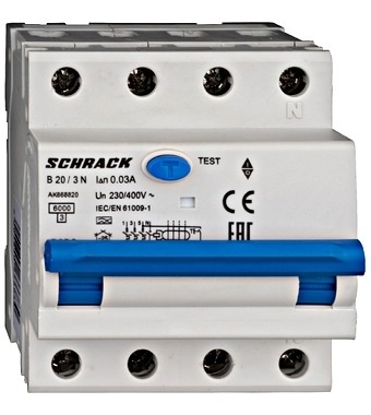 Intrerupator diferential 20A 3P+N 30mA RCBO Schrack