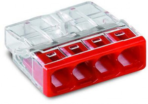 Conector COMPACT; pentru conductori unifilari; max. 2,5 mm²; 4 conductori; carcasă transparentă; capac roşu; Temperatură aer ambiant: max 60°C (T60); 2,50 mm²; transparent
