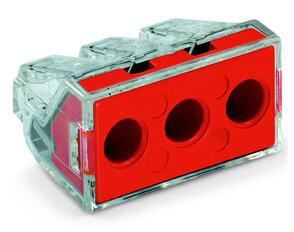 Conector PUSH WIRE® pentru cutii de conexiuni; pentru conductori masivi, monofilari; max. 6 mm²; 3 conductori; carcasă transparentă; capac roşu; Temperatură aer ambiant: max 60°C