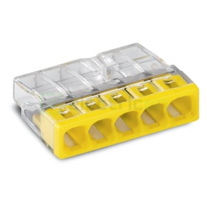 Conector COMPACT; pentru conductori unifilari; max. 2,5 mm²; 5 conductori; carcasă transparentă; capac galben; Temperatură aer ambiant: max 60°C (T60); 2,50 mm²; transparent