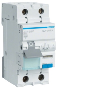 RCBO - Siguranță automată - Disjunctor cu protecție diferențială - tip A curba B 16A 30mA 6kA 1P+N 2M Hager ADA916D