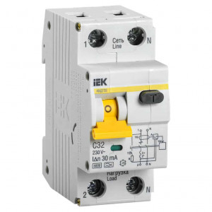Disjunctor cu protectie diferentiala monofazica iEK, 32A, 30mA, curba C, tip AC, 6kA