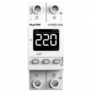 Releu de protectie tensiune monofazata, 32A, monitorizare frecventa, DigiTop, V-PRO-32A