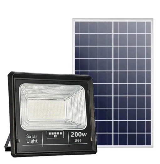 Proiector LED Jortan cu panou solar 200w si telecomanda, IP67, 54 led, senzor de lumina,6500 k