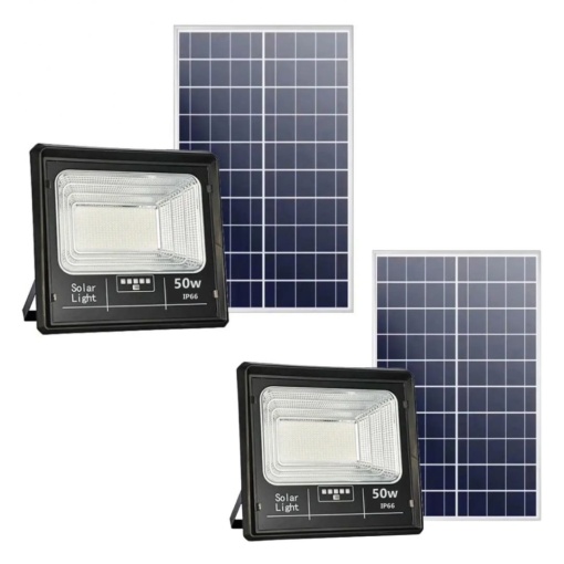 Proiector LED Jortan cu panou solar 50W, set 2 bucati, IP67, indicator baterie, senzor de lumina,6500 k