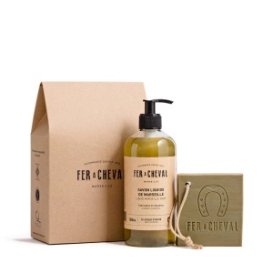 Cofret Cadou Duo Sapun de Marsilia - Sapun lichid 500ml si Felie 125g - Fer à Cheval