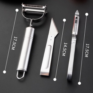 Accesorii de Curatat Decojit Fructe Legume, Set 3 Piese, Feliator Cutit Decojitor, Legume si Fructe, din Otel Inoxidabil, cu Maner, Argintiu - Img 2