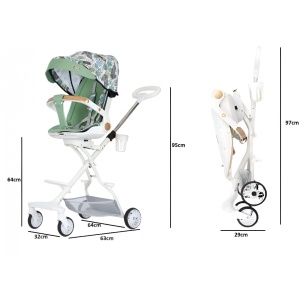 Carucior Sport 3in1, 6-36 Luni, Reversibil, Pliabil, Tavita pentru Masa, Pozitie de Somn, Centura de Siguranta, Roti 360, Suport Pahar, Copertina pentru Soare, 32x63x95cm, Verde Model Frunze - Img 2