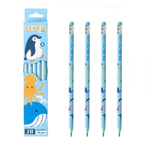 Set 10 Creioane Negre, 2B, pentru Elevi Scoala, cu Radiera, Model Albastru cu Pinguini