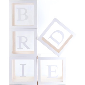 Set 5 Cutii pentru Baloane, Model Scris Bride, Tematica Nunta, Cuburi Decorative din Plastic, Accesorii pentru Petrecere, 30 x30 cm, Transparente Contur Alb