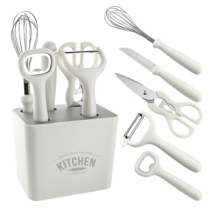 Set 6 ustensile bucatarie , cu suport inclus, desfacator, curatator legume, foarfeca, cutit, tel, ABS si inox, alb