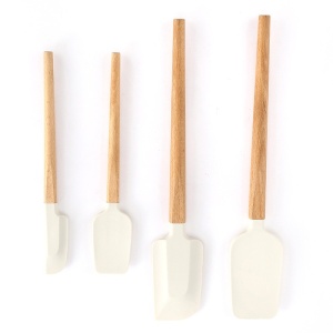 Ustensile de Bucatarie, Set din 4 bucati, din Silicon si Lemn, Spatule de Diferite Dimensiuni, Termo rezistente, Antiaderente, Instrument de Amestecat in Bucatarie, Alb-Maro