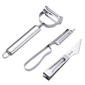 Accesorii de Curatat Decojit Fructe Legume, Set 3 Piese, Feliator Cutit Decojitor, Legume si Fructe, din Otel Inoxidabil, cu Maner, Argintiu