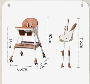 Scaun de masa pentru bebelusi si copii, cu roti, telescopic, pliabil, masuta reglabila, suport picioare, scaun invelis piele artificiala, centura siguranta, spatiu depozitare, 97 x 73 x 65 cm, roz - Img 3