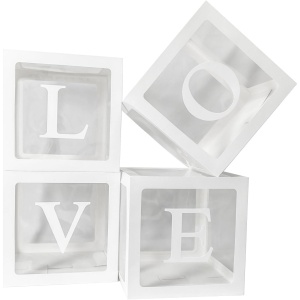 Set 4 Cutii pentru Baloane, Model Scris Tematica Iubire, Cuburi Decorative din Plastic, Accesorii pentru Petrecere, 30 x30 cm, Transparente Contur Alb