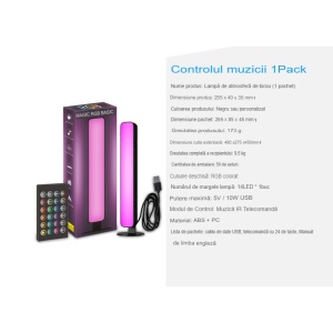 Lampa de Veghe, RGB Colorat, 14 LED, Putere 5V, Telecomanda cu 24 de Taste, Cablu USB, Negru, 25.5x4x3.5cm - Img 2