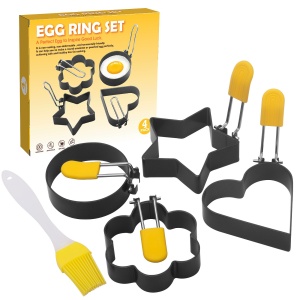 Set 4 forme pentru ou din otel, strat antiaderent, diametru 7.5 cm, cu maner din ABS, negru