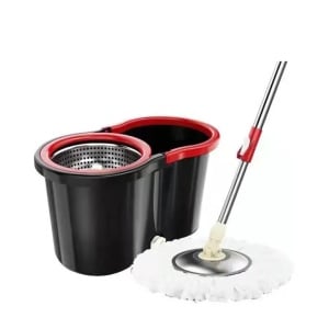 Set mop rotativ cu galeata, material plastic si microfibra, rezistent, cu dop scurgere, vas detasabil, pentru interior, capacitate 8 l, negru/rosu