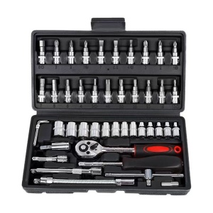 Chei tubulare Set 46 de Piese, Trusa Scule de Reparatii Auto, Prelungitoare Rigid si Flexibil, Articulatie Cardanica, Antrenor de Forta Glisant, Adaptoare, Maner pentru Surubelnita, 23 x 12 x 4 cm, 1.9 kg, Cutie Neagra