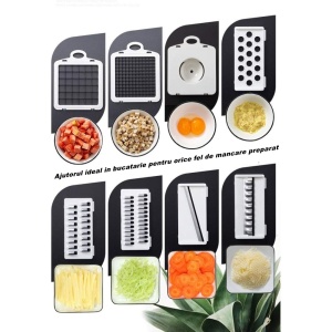 Feliator Multifunctional, Razatoare, 8 in 1, pentru Fructe si Legume, 10 Piese, Lame de Inox, Recipient Stocare, Separator Oua, Protectie Mana, ABS, 32.2x11.3 cm, Albastru/Alb - Img 3