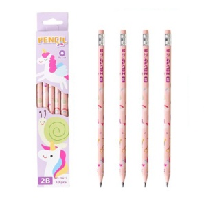 Set 10 Creioane Negre, 2B, pentru Elevi Scoala, cu Radiera, Model Roz cu Unicorni
